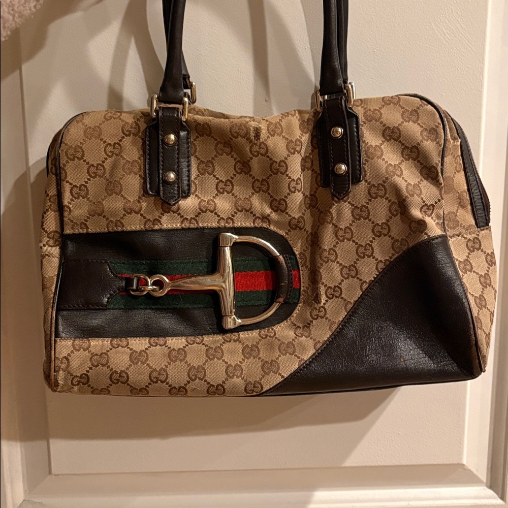 Authentic Gucci Beige and Brown Tote with Green and Red Accent